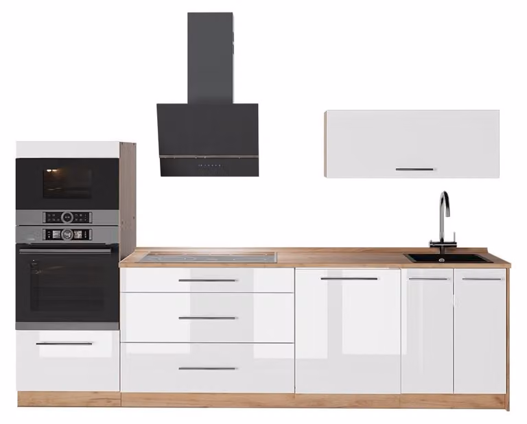 Cucina componibile Vicco Fame-Line Bianco lucido/Rovere dorato 280 cm senza piano di lavoro, Model 64702
