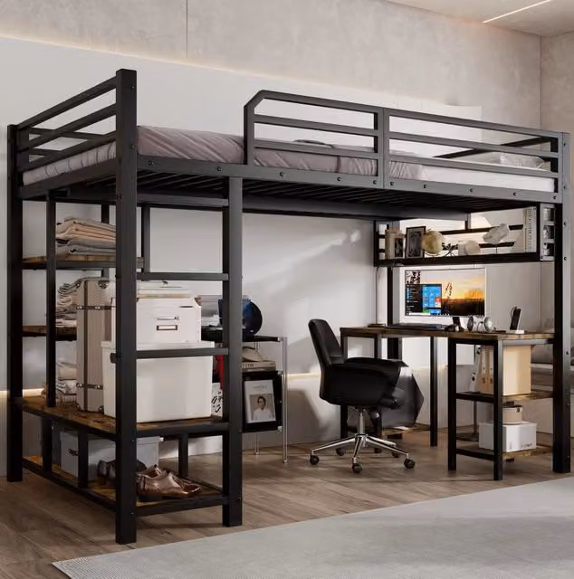 Letto a soppalco ULEVR 120x200 cm con scrivania e ripiano, scala a 4 gradini, metallo e pannello truciolare