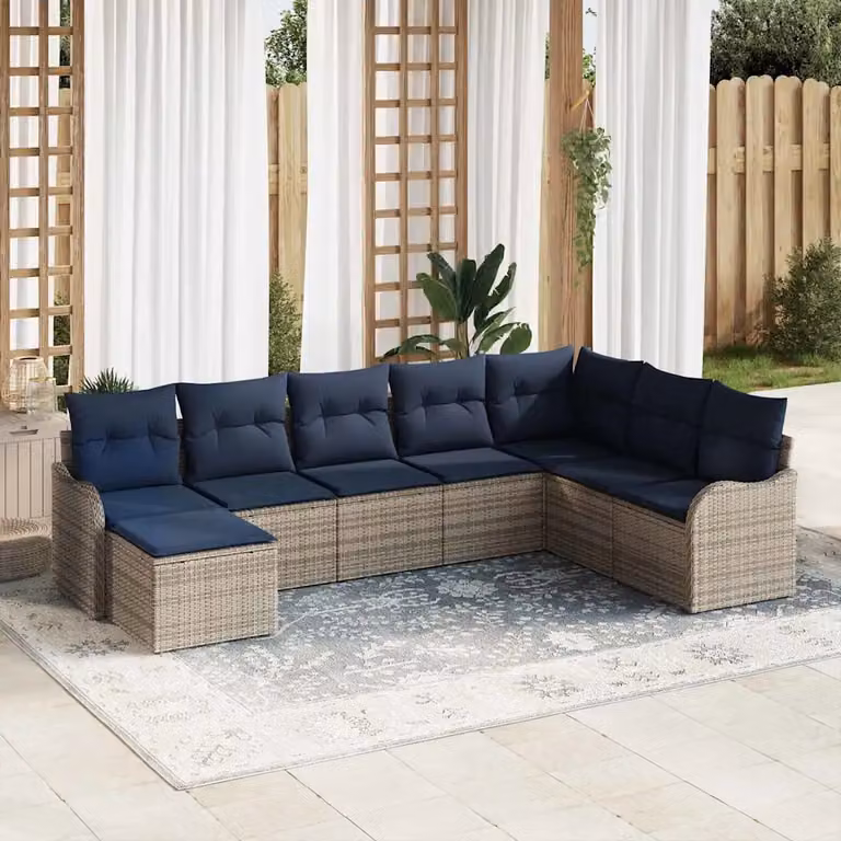 Set Divano da Giardino a L vidaXL in Polyrattan Grigio con Ottoman e Cuscini Blu
