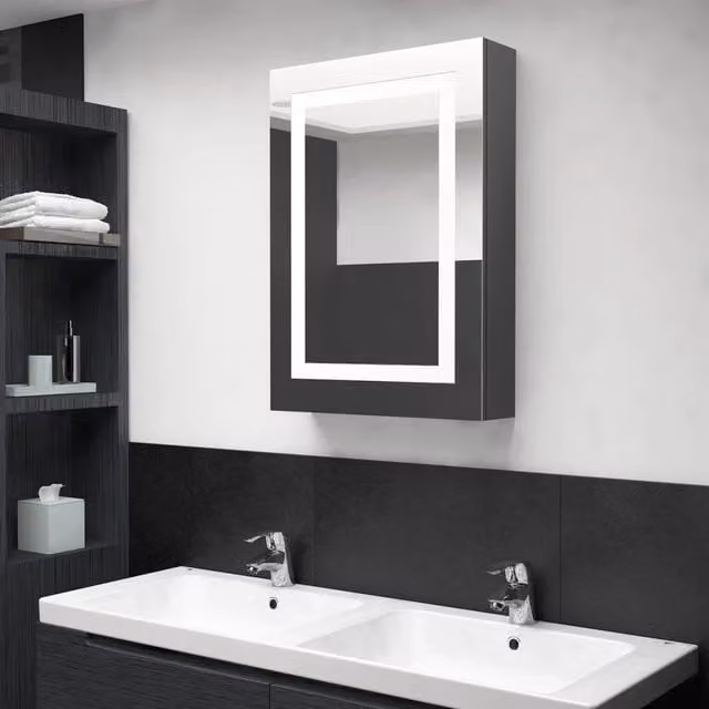 Armadietto da bagno Design Mania con specchio e illuminazione LED, Grigio Lucido, L: 50 cm, P: 13 cm, H: 70 cm