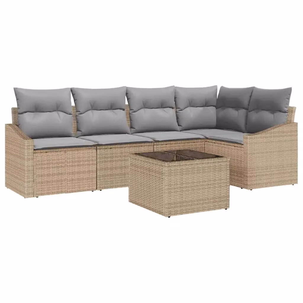 Set di divani da giardino vidaXL a forma di L con tavolo da caffè, 6 pezzi, beige e grigio, in rattan con struttura in metallo e cuscini inclusi – 2
