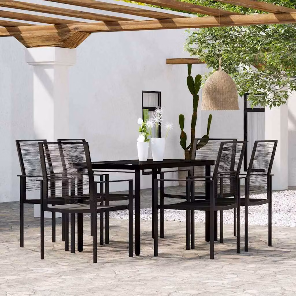 Set da pranzo da giardino vidaXL in metallo e vetro nero, 7 pezzi