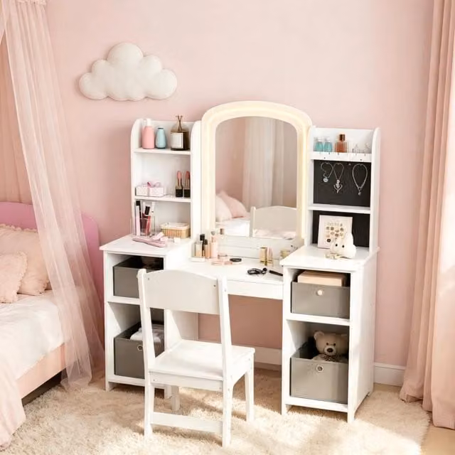 Tavolo da toeletta per bambini 3–8 anni con sgabello e specchio LED