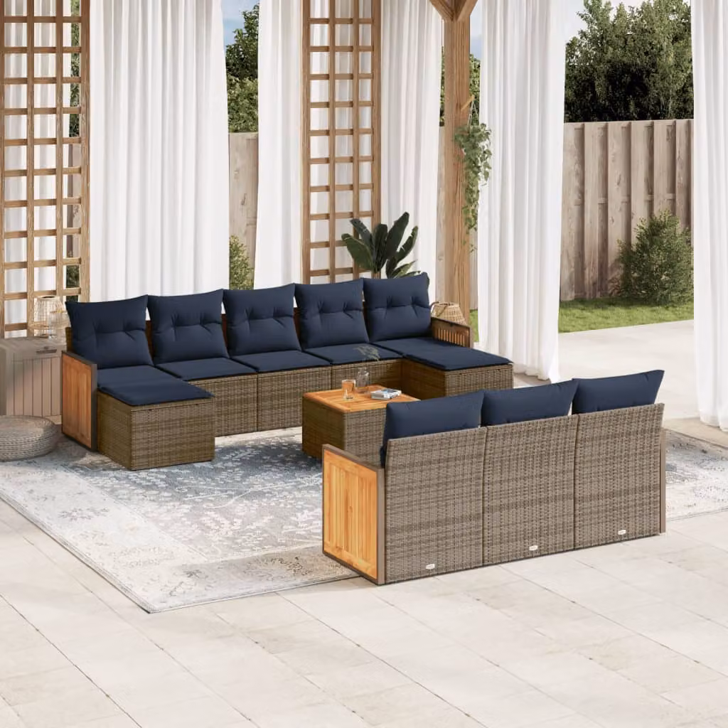 Set Divani da Giardino vidaXL 11 pz in Polyrattan Grigio e Blu con Cuscini e Tavolino da Esterno