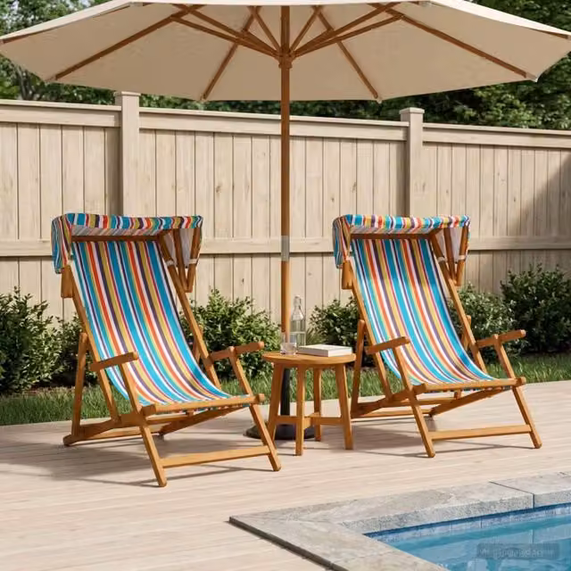 Set di 2 lettini prendisole vidaXL in legno di eucalipto massello oliato con tessuto a righe multicolore per giardino e terrazzo – 1