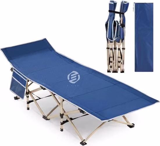 Letto da campeggio pieghevole Equivera con struttura in metallo e tasche laterali, colore blu