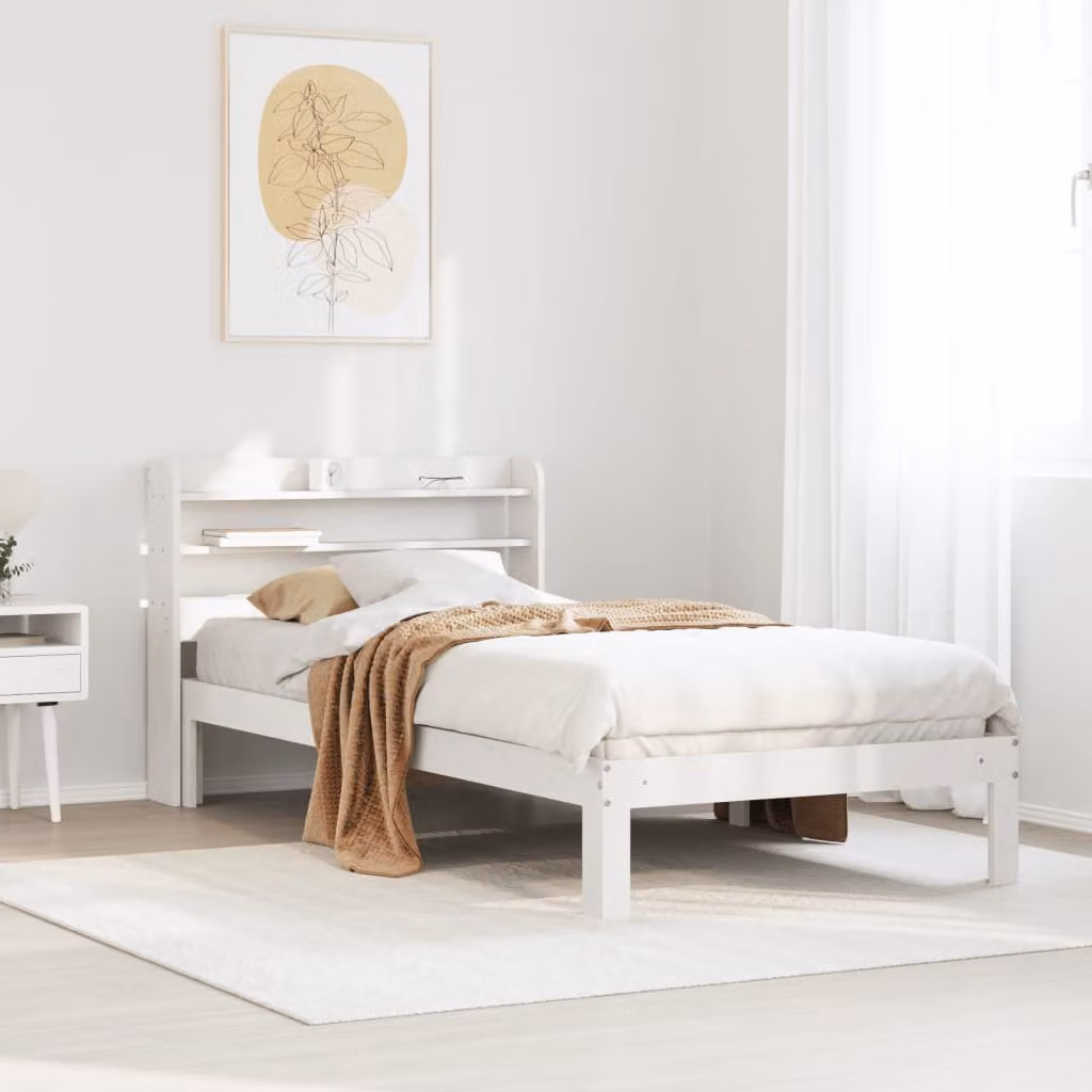 vidaXL Letto con Testiera e Ripiani Laterali in Legno di Pino Bianco Lacquered