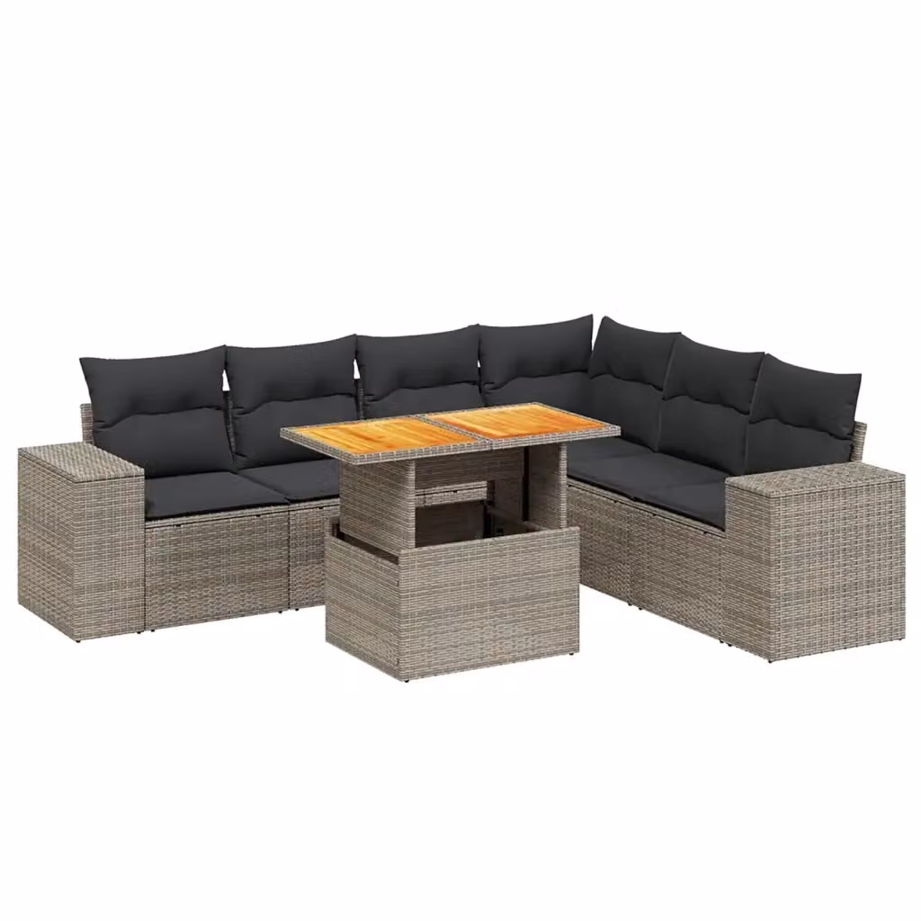 vidaXL Set Divani da Giardino 7 pz a Forma a L in Polyrattan Grigio con Cuscini e Tavolino – 2