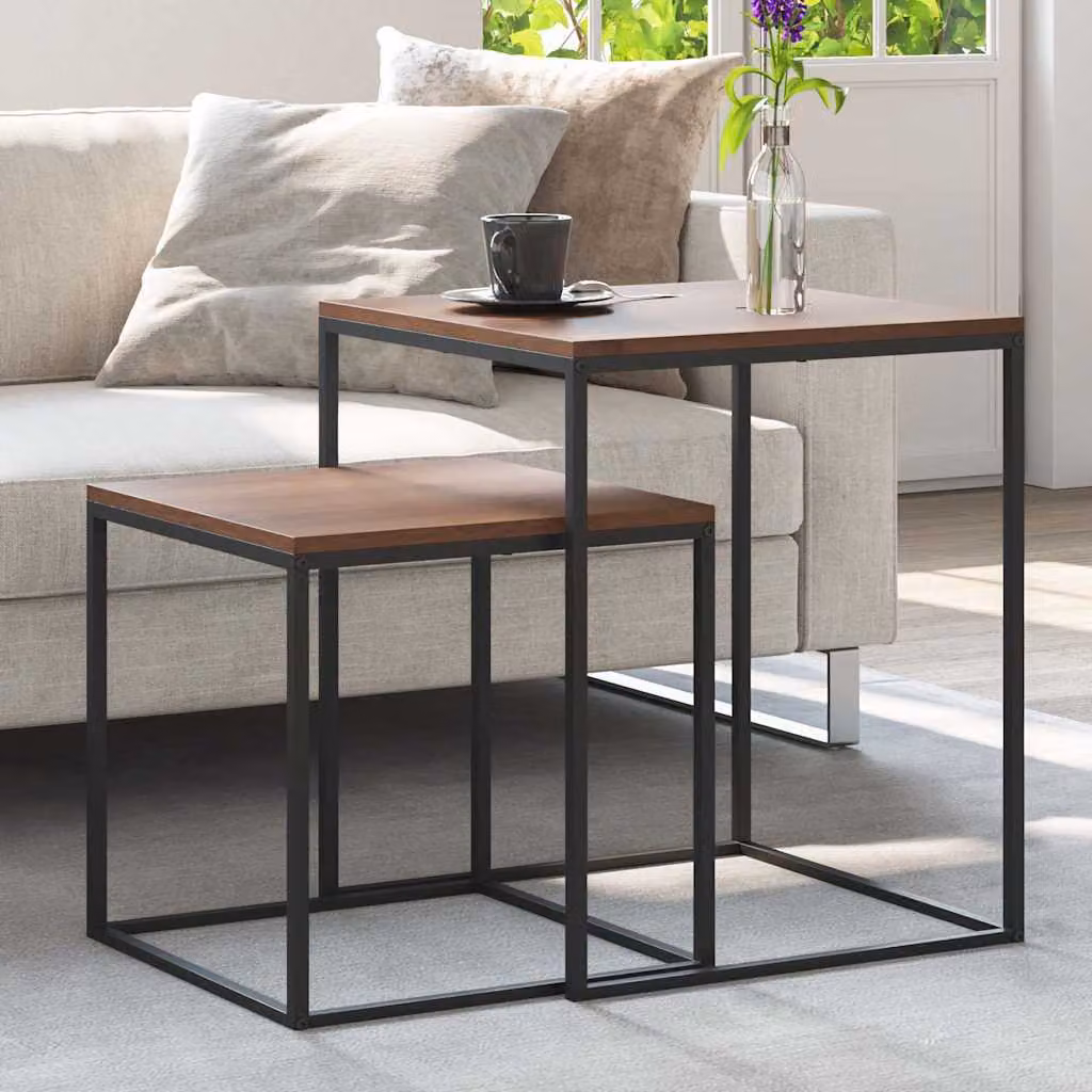 Set di 2 tavolini da soggiorno vidaXL in legno e metallo stile industriale, marrone e nero, L/P/H: 40 x 40 x 48 cm e 40 x 40 x 40 cm