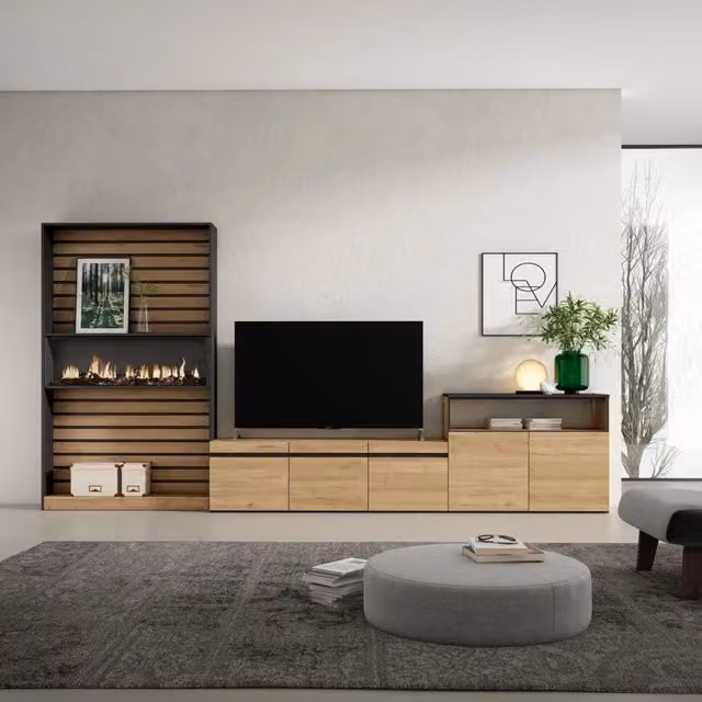 Mobile TV da soggiorno Skraut Home con camino elettrico e illuminazione integrata, Rovere e Nero, L: 360 cm, P: 35 cm, H: 186 cm