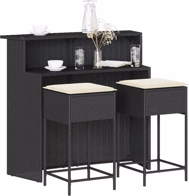 Set Bar da Giardino 3 pz con Cuscini in Polyrattan Nero 3261486