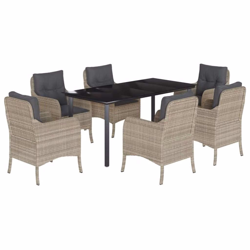 Set da Pranzo da Giardino 7 pz Cuscini Polyrattan Grigio Chiaro