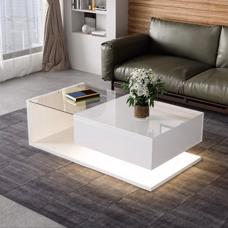 MODFU Tavolino da caffè lucido con vetro ed effetto LED, tavolo da soggiorno rettangolare con vano portaoggetti, tavolino e tavolo da divano per soggiorno e camera da letto, bianco