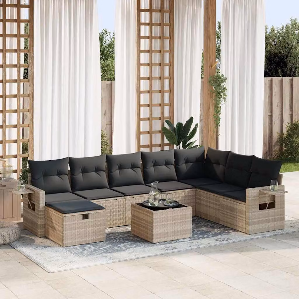 Set Divano da Giardino vidaXL 9pz a Forma di L in Polyrattan Grigio con Cuscini e Tavolino