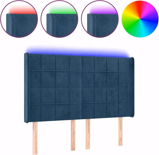 Testiera moderna in velluto blu scuro con illuminazione LED integrata e porta di ricarica USB, L: 147 cm, P: 16 cm, H: 118/128 cm