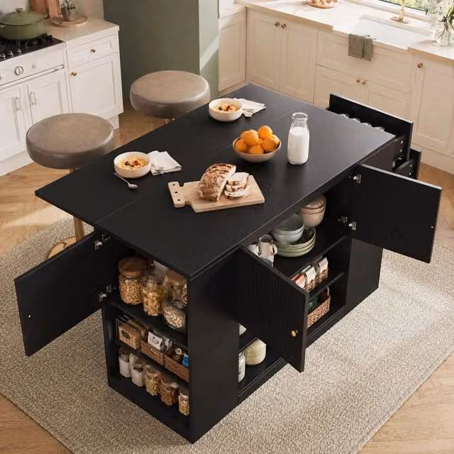 isola cucina 140x40x90 cm nero – tavolo ribaltabile, contenitori e cassetti