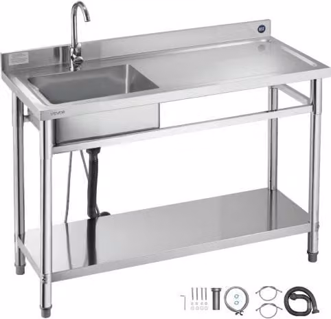 Lavandino Mobile da Cucina VEVOR Argento con Vasca Singola, Rubinetto e Ripiano, L/P/H: 120 x 50 x 94 cm