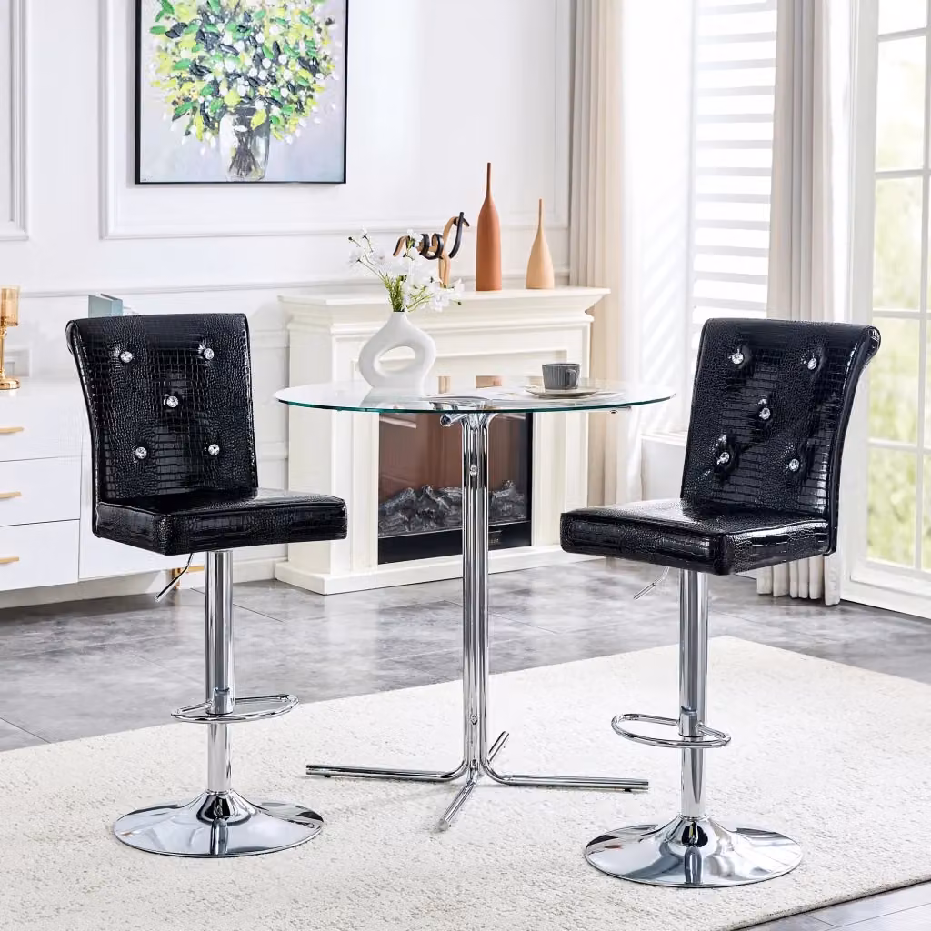 Sgabello da bar OKWISH con design animal print effetto coccodrillo e dettagli cristallo, seduta in ecopelle nera impermeabile – 2