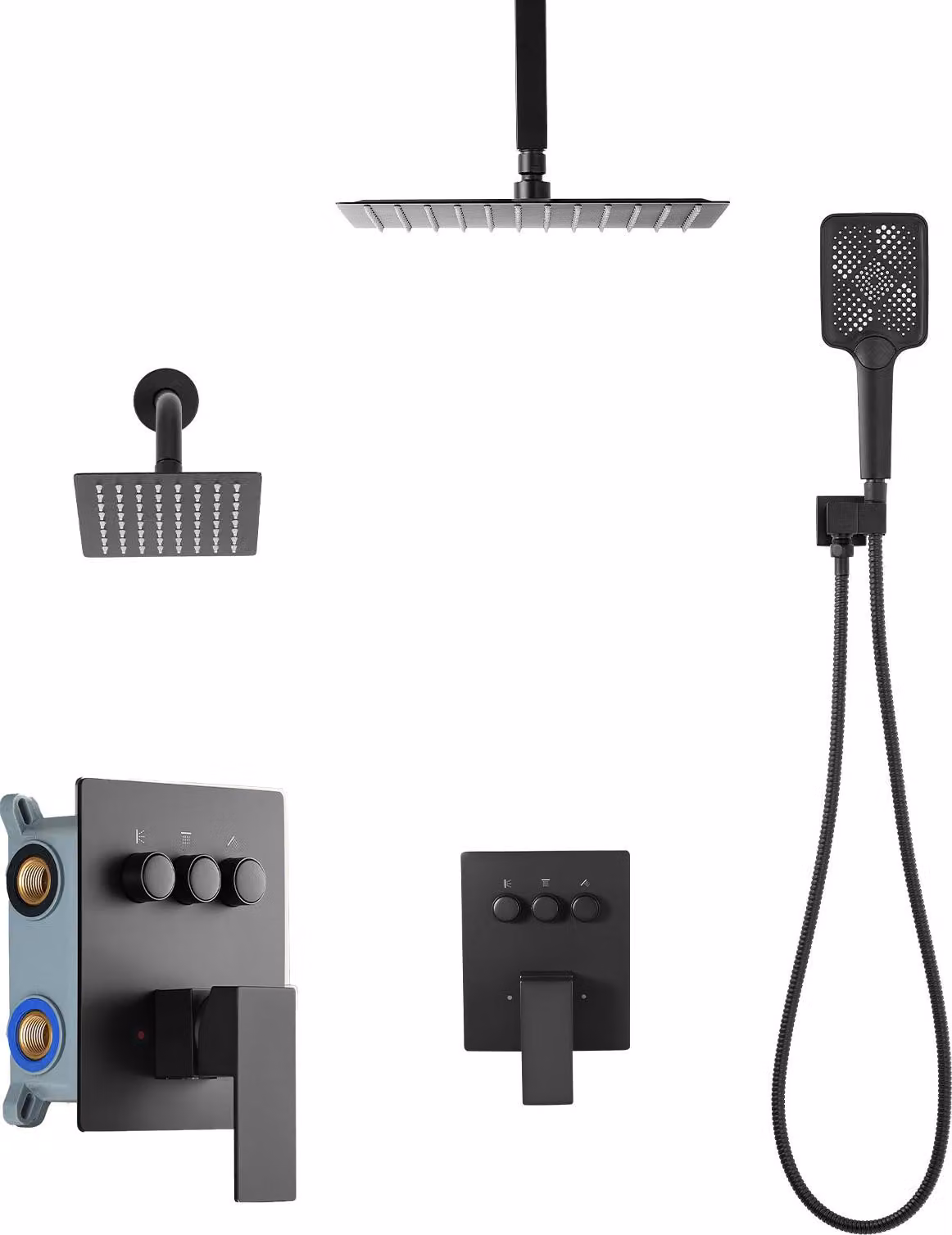 Set di sistemi doccia SucceBuy con soffione a pioggia da 12 pollici / soffione a parete da 6 pollici / doccetta 4 in 1, doppio soffione a pioggia orientabile (3 modalità), set di valvole e finiture in ottone, nero opaco