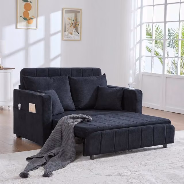 Divano in ciniglia nero; divano letto estraibile 2 posti con porta USB; 139x83x58 cm