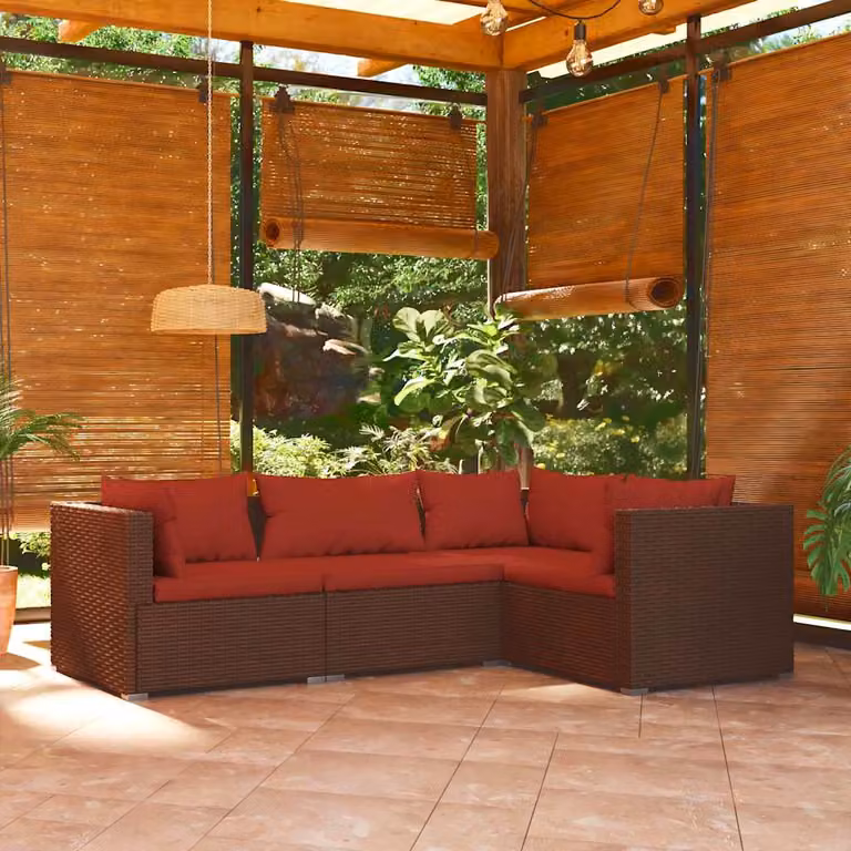 Set di divani da giardino vidaXL in rattan marrone con cuscini e struttura in metallo a forma di L