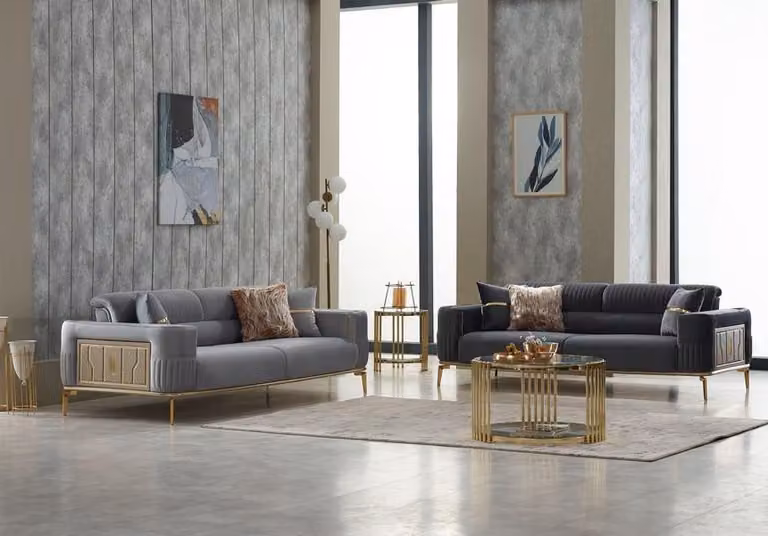 Sofagarnitur Dreisitzer Couch Stoff 2tlg Polstersofa Grau Sofa Set