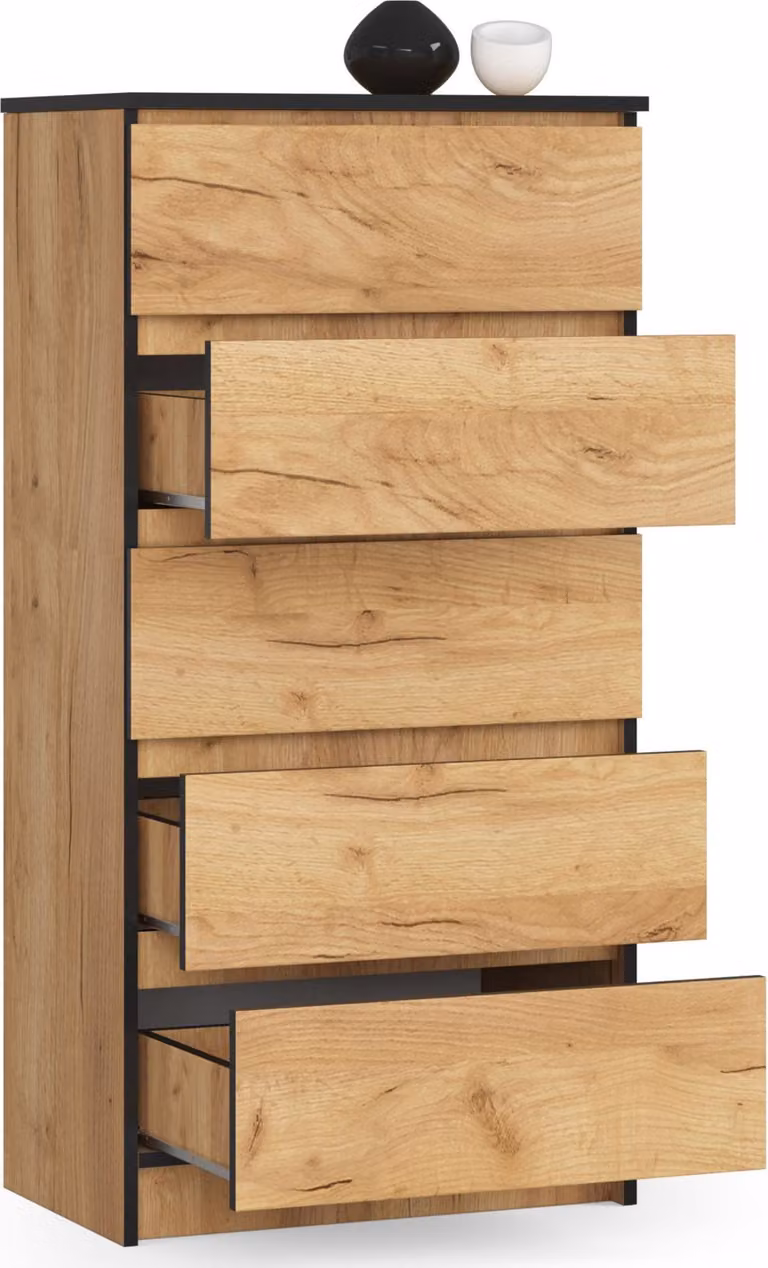 Comò alto 60 cm con 5 cassetti, credenza, mobile da sala da pranzo, alto 121 cm, largo 40 cm