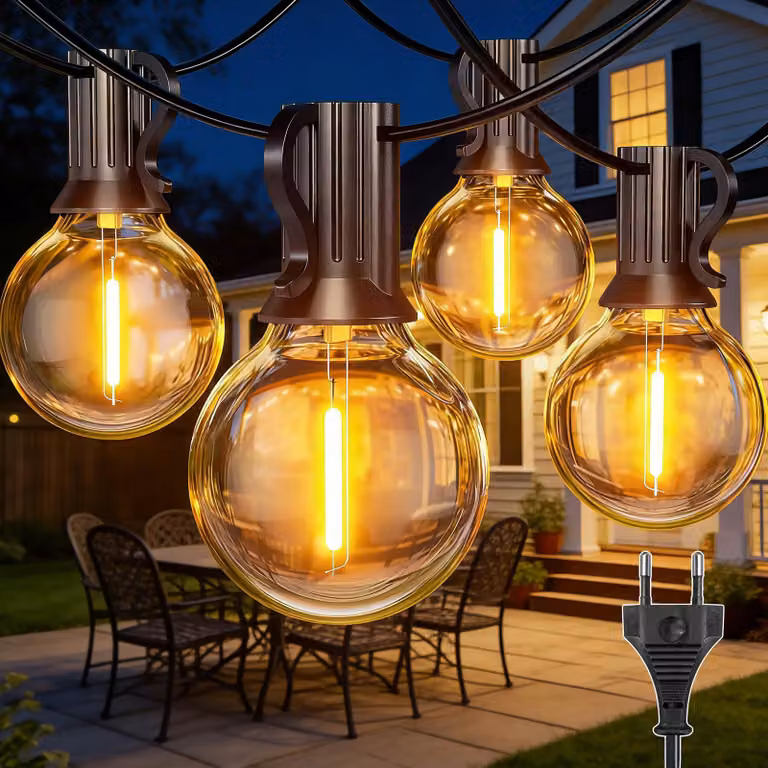 Catena luminosa da 30 metri, con più di 50 lampadine LED G40, luce bianco caldo, grado di protezione IP45, adatta per uso esterno
