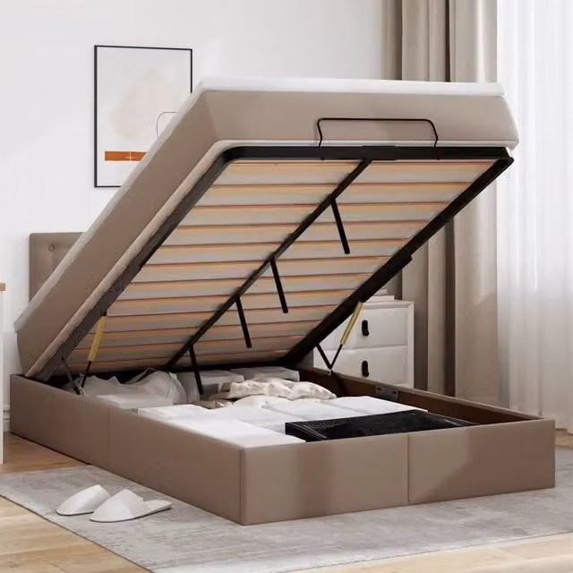 Letto con contenitore a sollevamento vidaXL in similpelle beige e bianco con illuminazione sottostante e porta di ricarica USB L/P/H: 203 x 120 x 88 cm