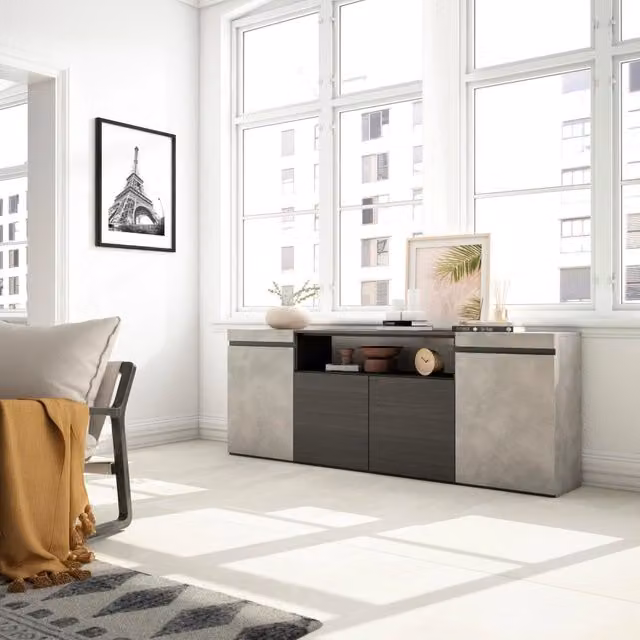 Credenza, Mobile, 200x35x75cm, 4 Porte, grande stoccaggio, grigio cemento RF2304