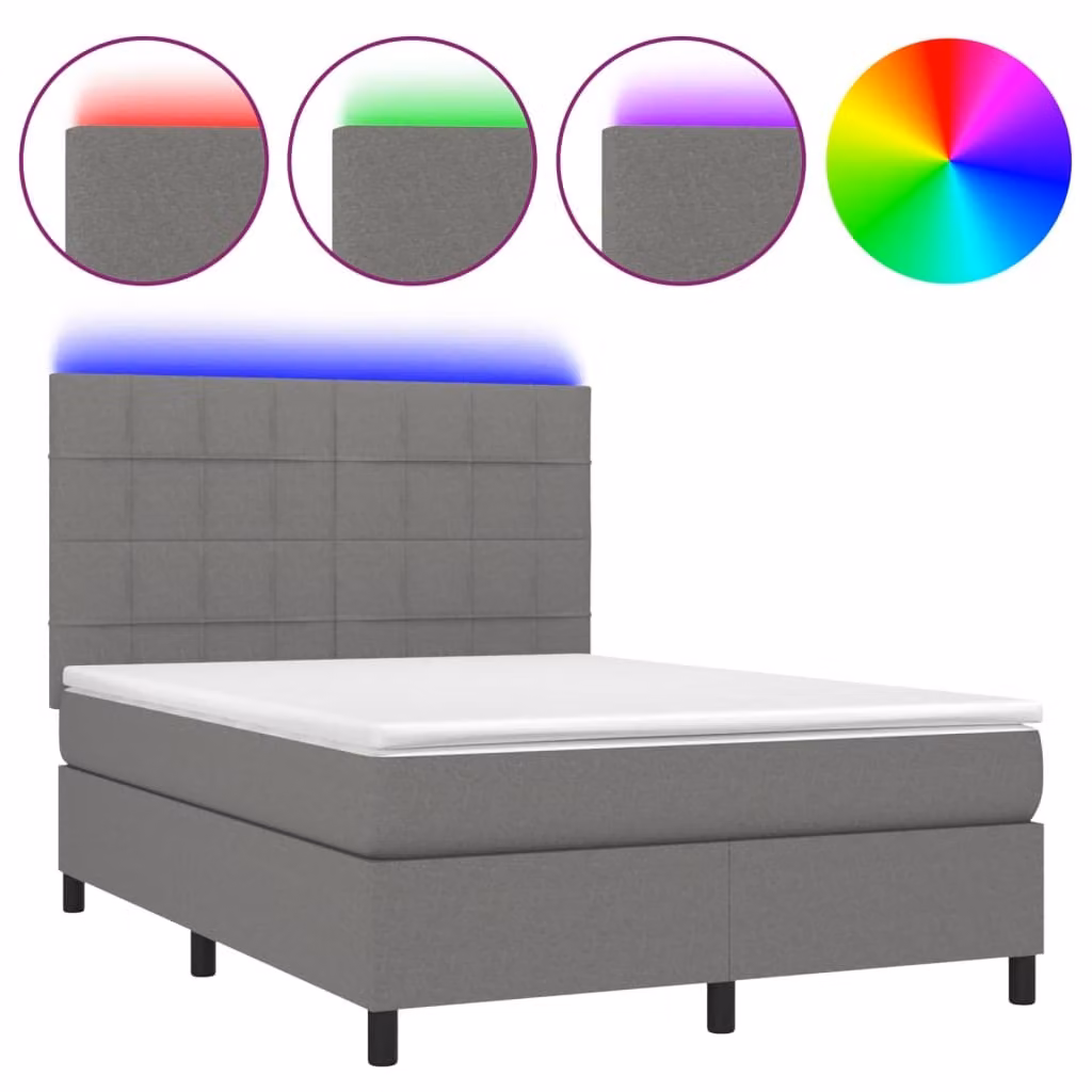 Letto a Molle Materasso e LED Grigio Scuro 140x190cm in Tessuto