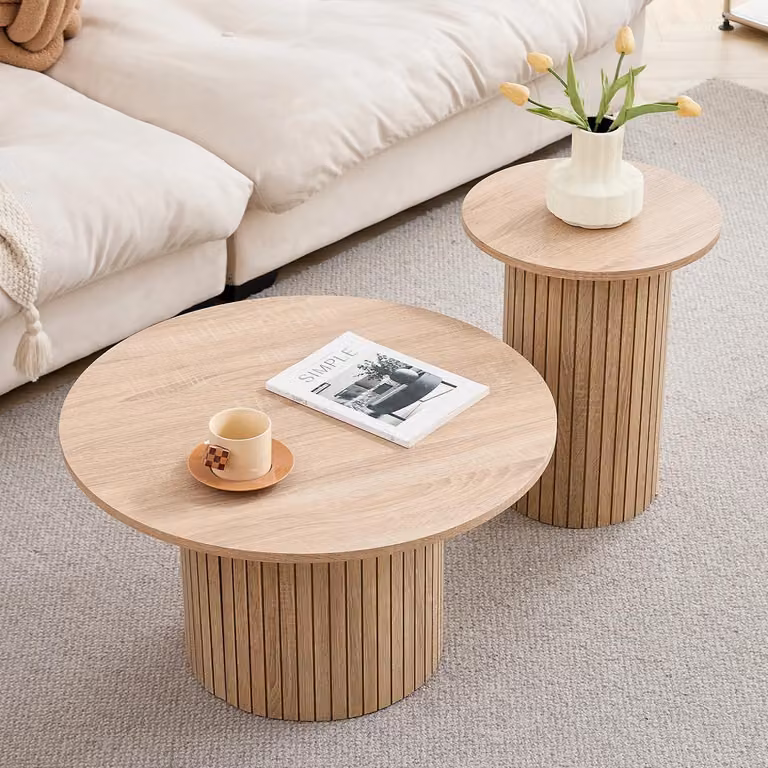 Set di tavolini da salotto in legno - 2 tavolini rotondi - Design a incastro, salvaspazio - Stile moderno - Per soggiorno e camera da letto - Legno chiaro