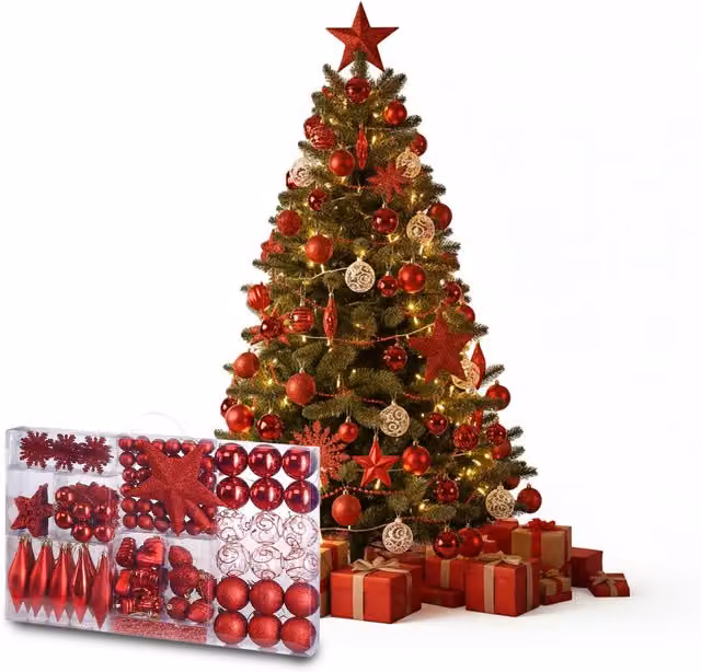 Kit di Addobbi di Natale Saint Joy Rosso con 102 Pezzi tra Stelle, Cuori e Ornamenti Pendenti in Plastica