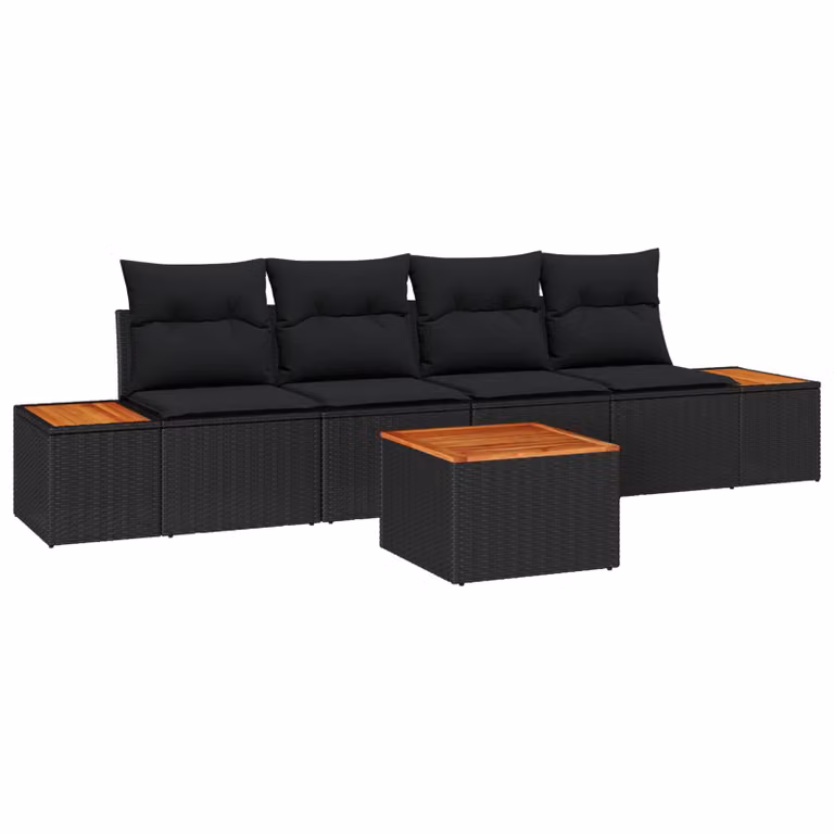 Set Divano da Giardino vidaXL 5 Pezzi in Polyrattan Nero con Cuscini e Tavolino