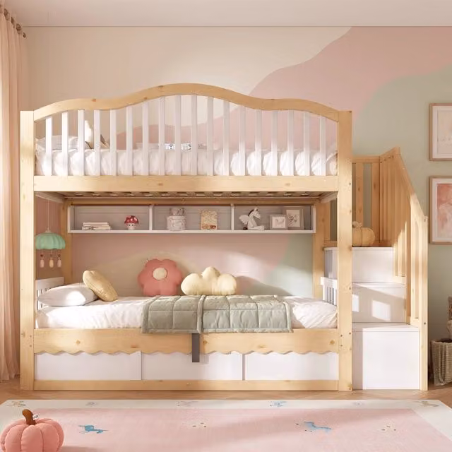 Letto a castello per bambini 90×200 cm e 90×200 cm con contenitore idraulico, scala e ripiani, senza materasso