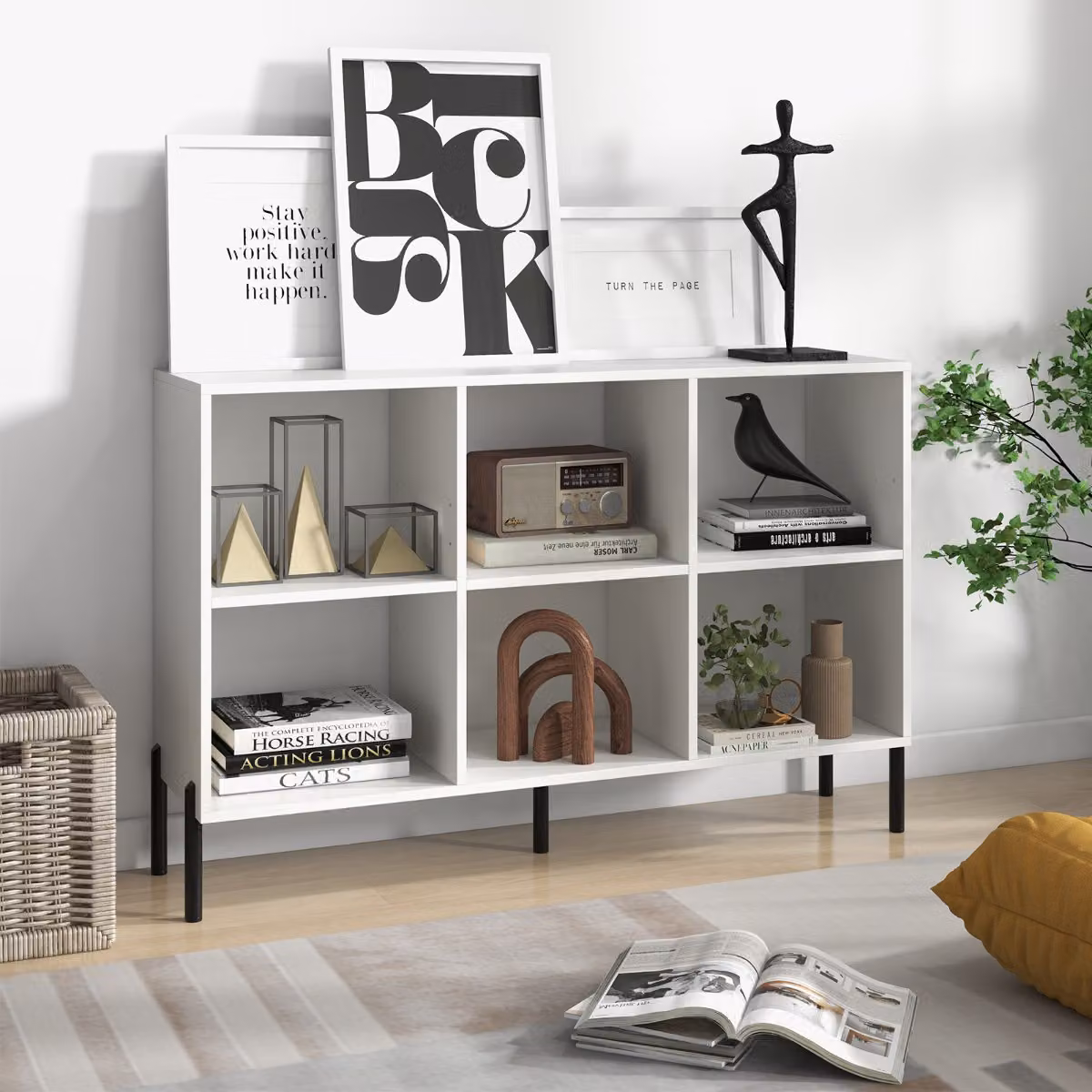 Scaffale a 6 cubi Costway con gambe in metallo e ripiani regolabili in legno Bianco