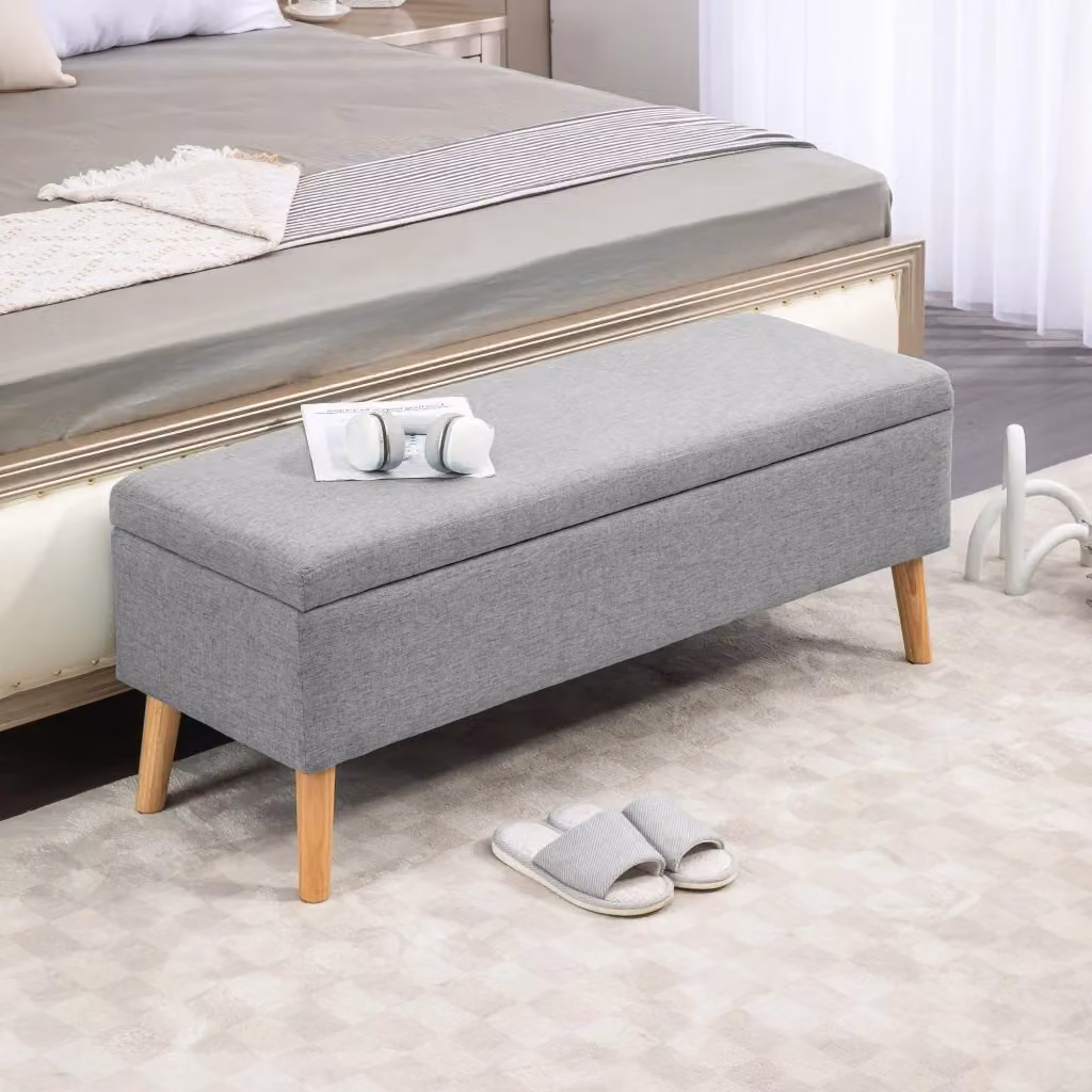 Panca contenitore imbottita OKWISH in tessuto grigio con seduta morbida L: 110 cm, P: 39 cm, H: 45 cm – 2