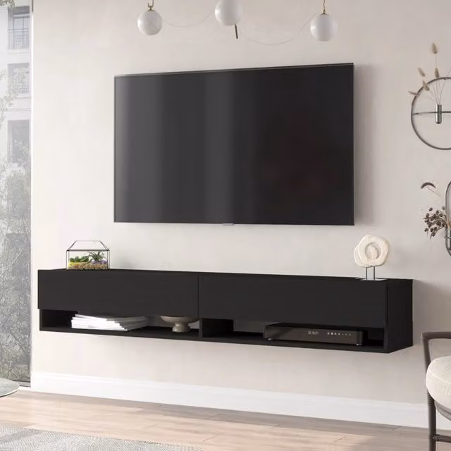 Consolle da parete Laitila en.casa con 2 ante e scomparti, mobile pensile porta TV in legno nero, L: 180 cm, P: 31,5 cm, H: 29,5 cm