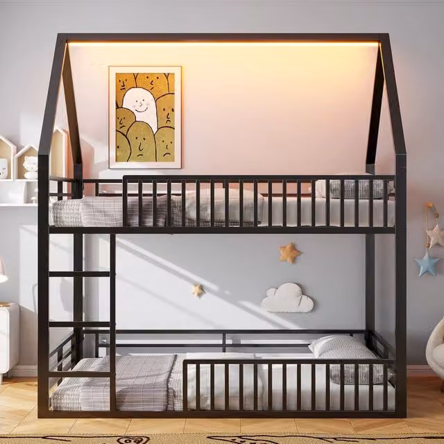 Letto a castello 140x200 cm a forma di casa; struttura in metallo nero con sponde e luce LED; per cameretta