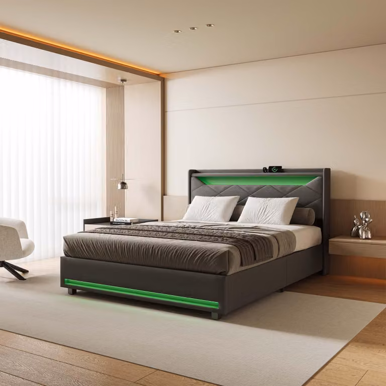 Letto a cassettone in tessuto grigio 140x190 cm con testata a LED, prese USB/Type-C, luci a striscia e contenitore integrato