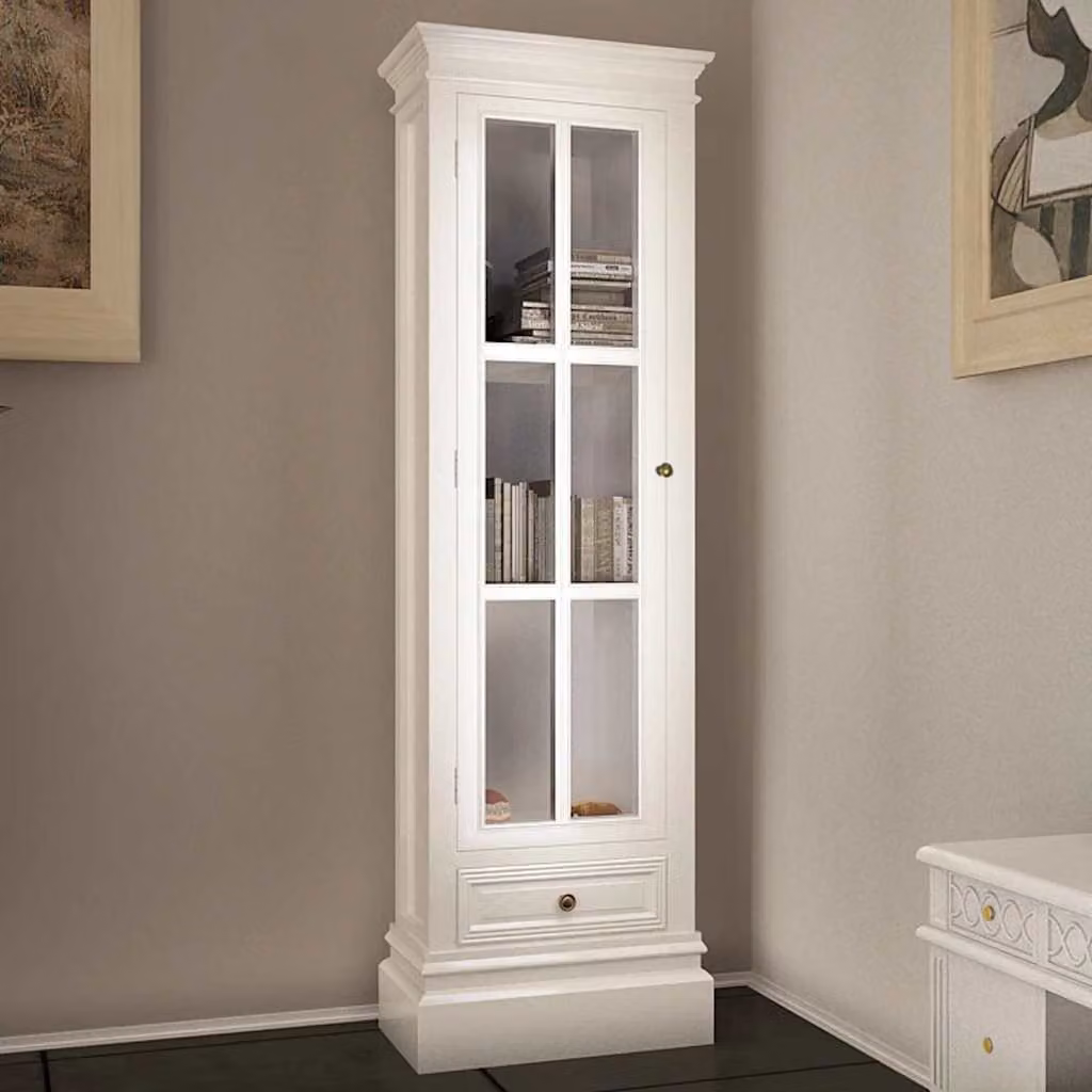 vidaXL Armadietto a Parete in Legno Bianco con Ante in Vetro e Scaffali Aperti, Stile Vintage, H 138 x L 38 x P 25,5 cm – 1