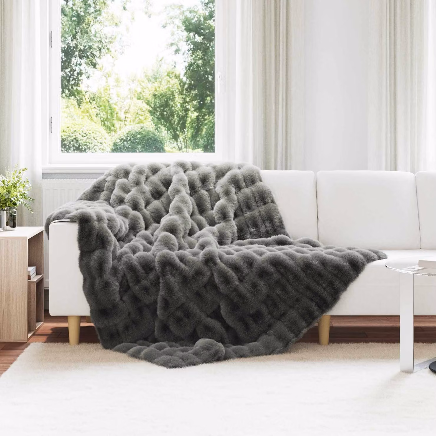 Coperta antiscivolo vidaXL in ecopelliccia di coniglio Olite Grigio Scuro L/P: 220 x 150 cm