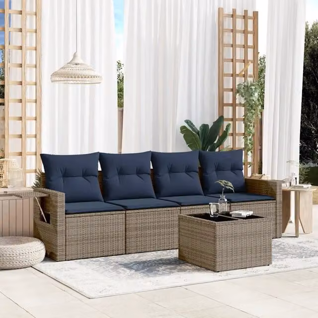 Set da giardino vidaXL composto da 5 pezzi con divani e tavolino, include cuscini grigi e blu in polyrattan con struttura in acciaio verniciato a polvere – 1