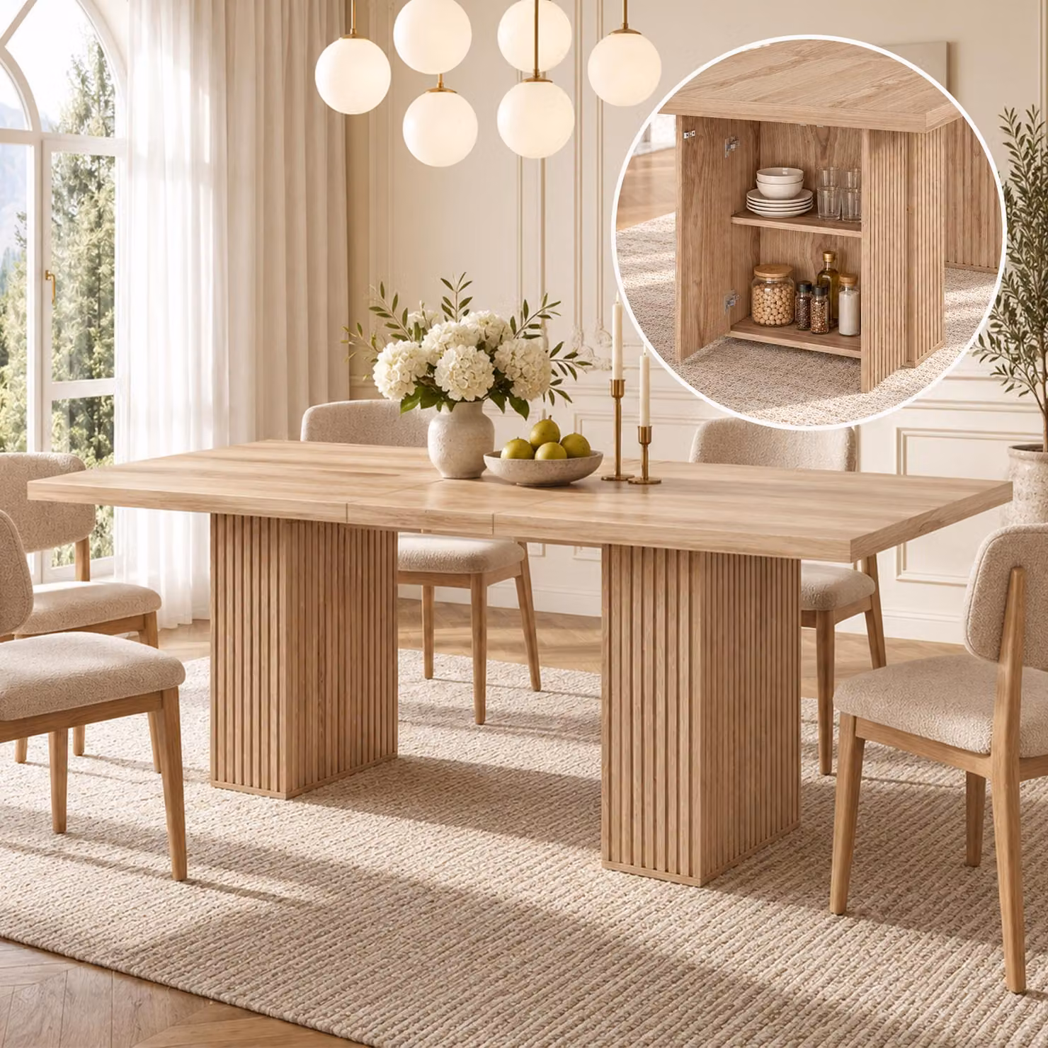 Tavolo da pranzo allungabile, dimensioni 150/190x90 cm, per 6-8 persone, con spazio contenitivo, finitura noce