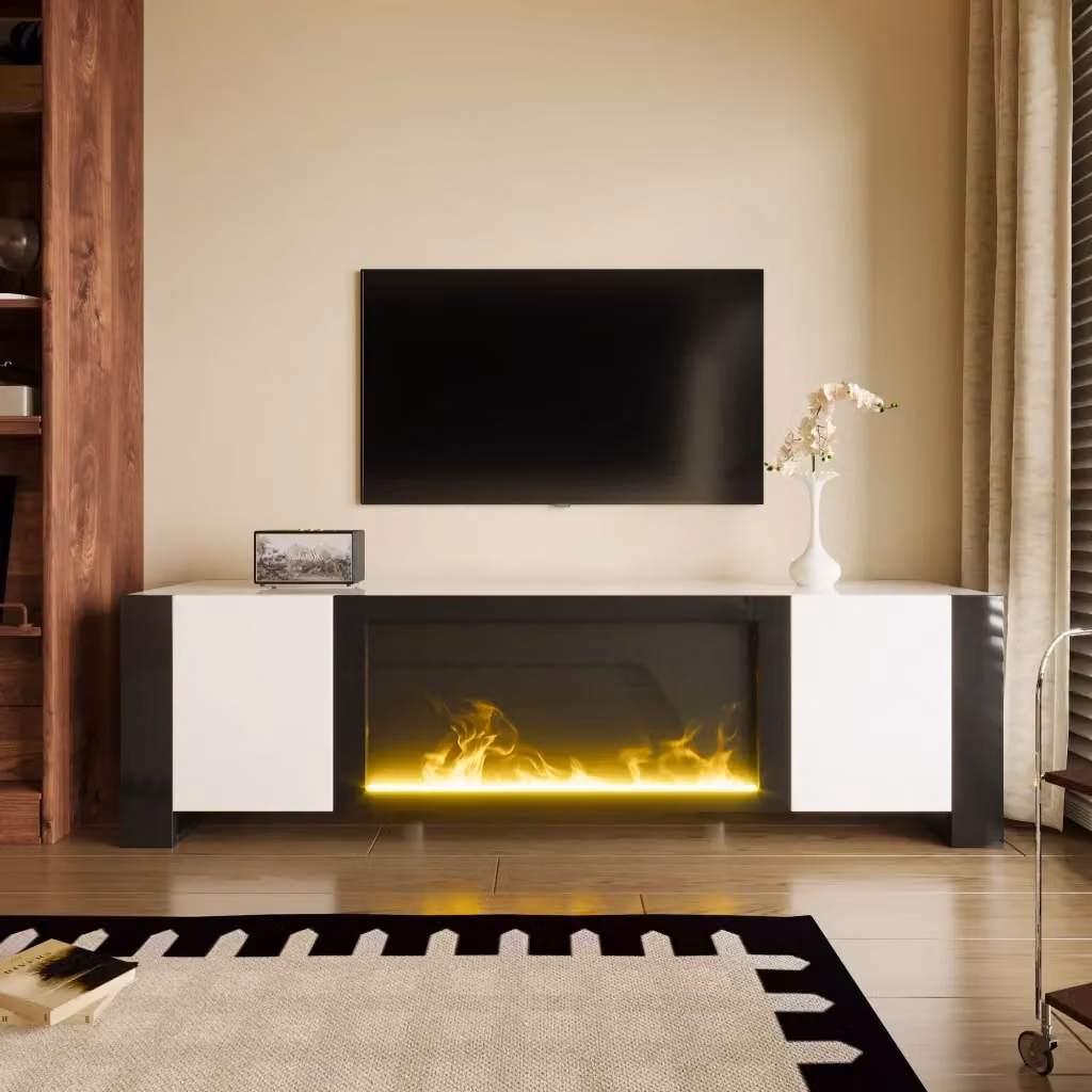 Mobile TV FOLYNA con camino elettrico decorativo effetto fiamma e 2 ante, bianco e nero, L: 165 cm, P: 32 cm, H: 55 cm – 2