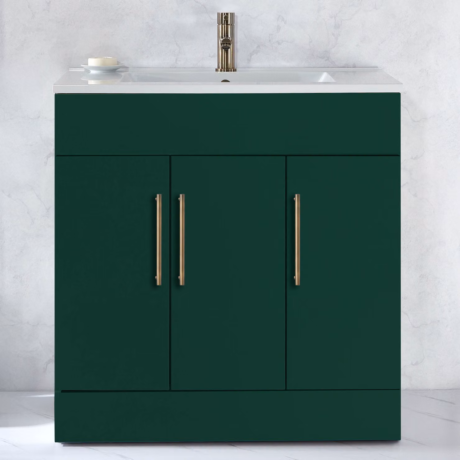 Mobile Bagno a Terra Verde Scuro da 810mm con Lavabo e Maniglie con Barra a T in Ottone Spazzolato - Cluo