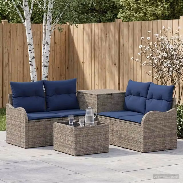 Set di divani da giardino vidaXL a forma di L in rattan e acciaio, 6 pezzi, Grigio e Blu Navy con cuscini inclusi