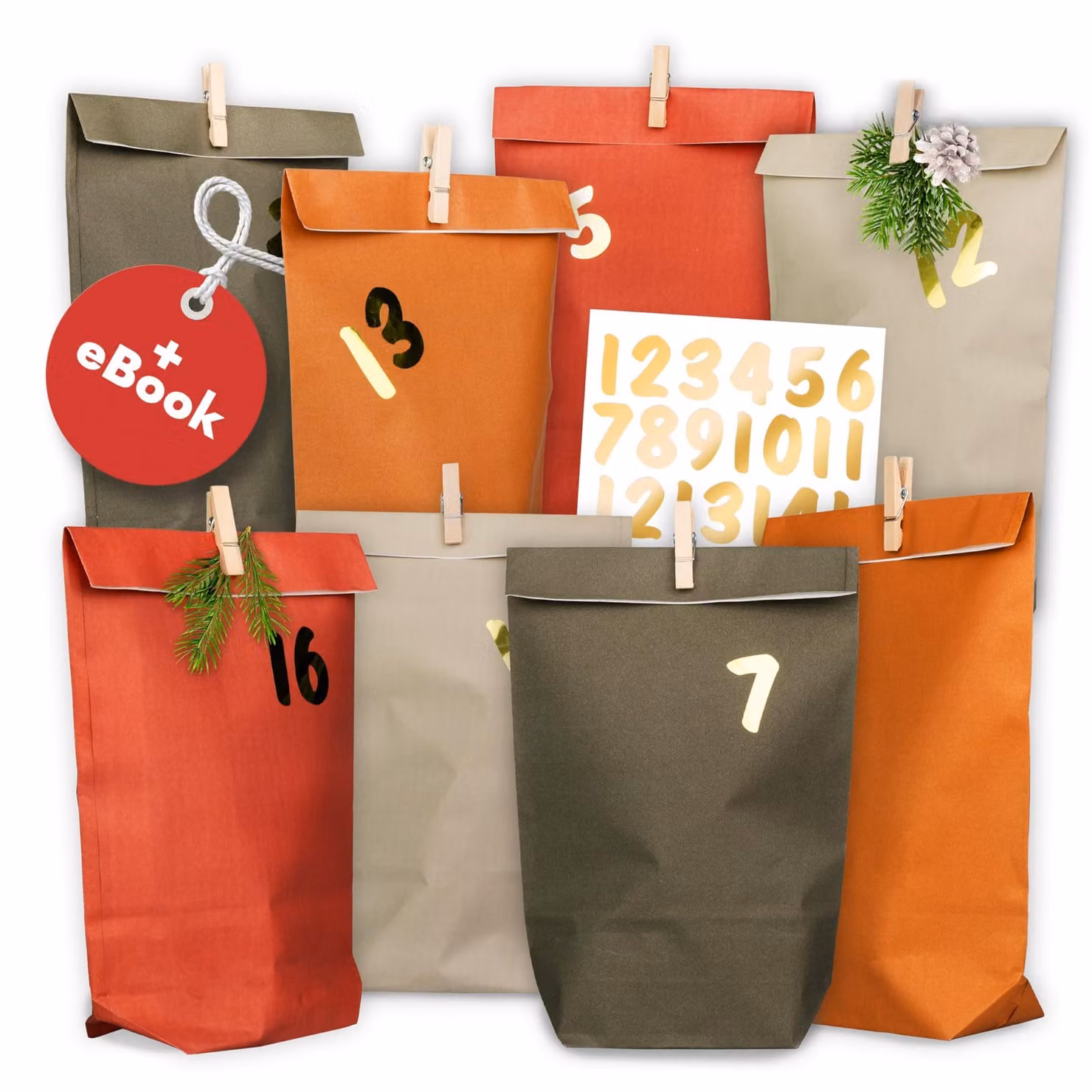 Calendario dell'Avvento da riempire - Monocromatico - 24 sacchetti di carta per l'Avvento (con fermagli in legno) da decorare per Natale - Sacchetti di carta natalizi