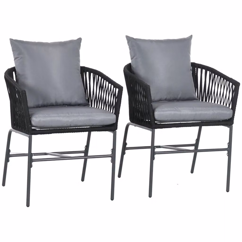Set di 2 sedie da giardino Minimal con cuscini in tessuto nero e struttura in metallo L/P/H: 57 x 60 x 71 cm – 2