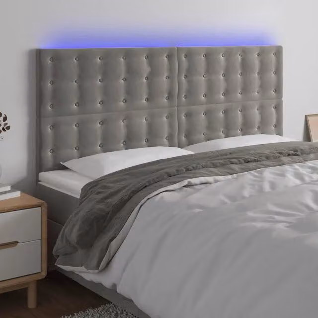 Testiera con LED Design Mania in Velluto Grigio Chiaro con Porta USB, L: 180 cm, P: 5 cm, H: 118/128 cm